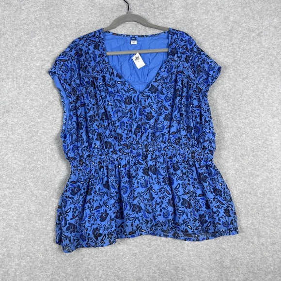 Old Navy Tops - Old Navy Blue Floral Smocked Waist Babydoll Blouse Womens XXL‎ Peasant Top Boho